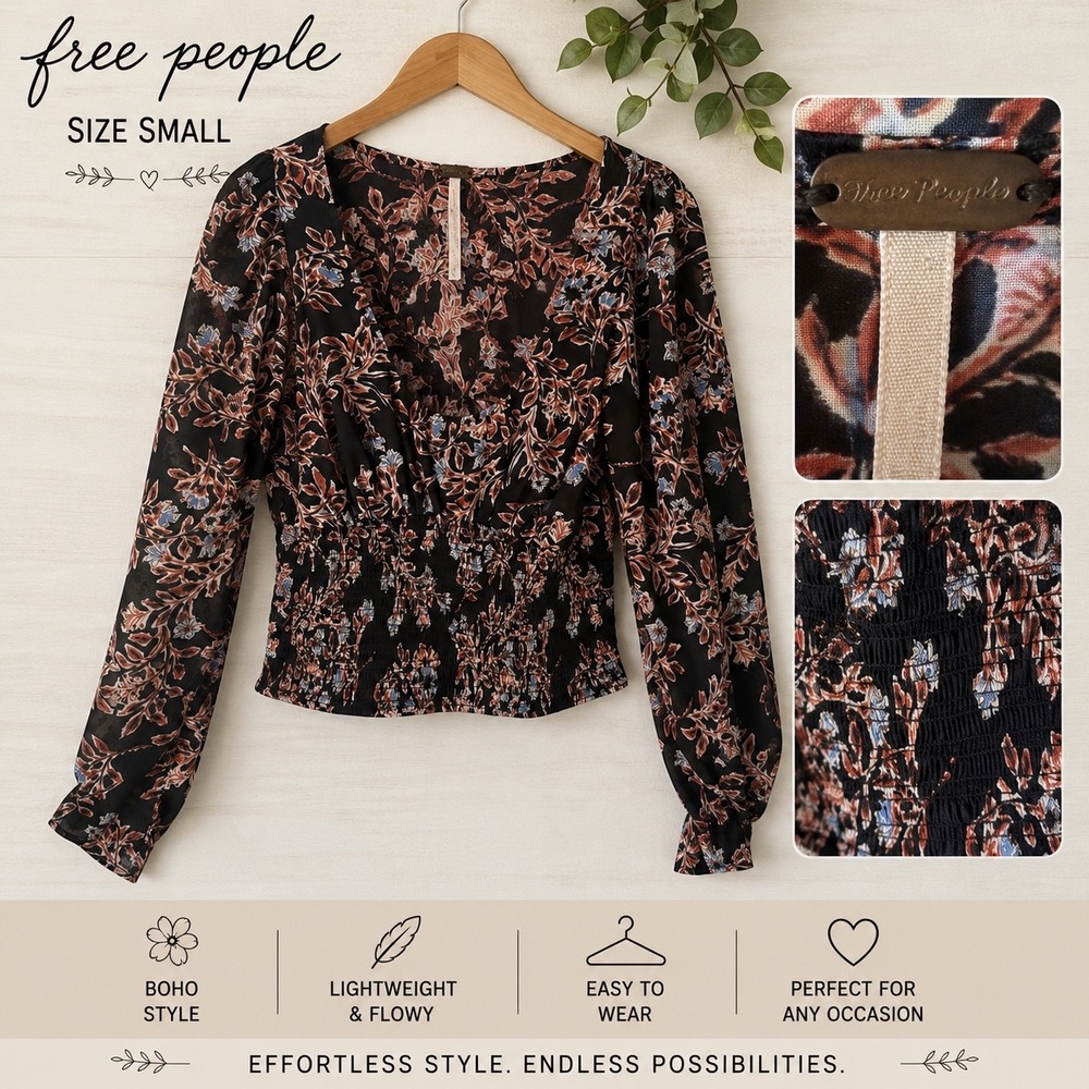 Free People Floral Smocked Waist V-Neck Boho Blouse Black Rust Blue Small
